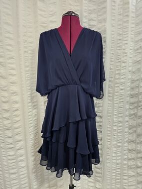 Sam &Jess Drape Loose Fit Layered Ruffled Navy Mini Dress Rhinestone Accents